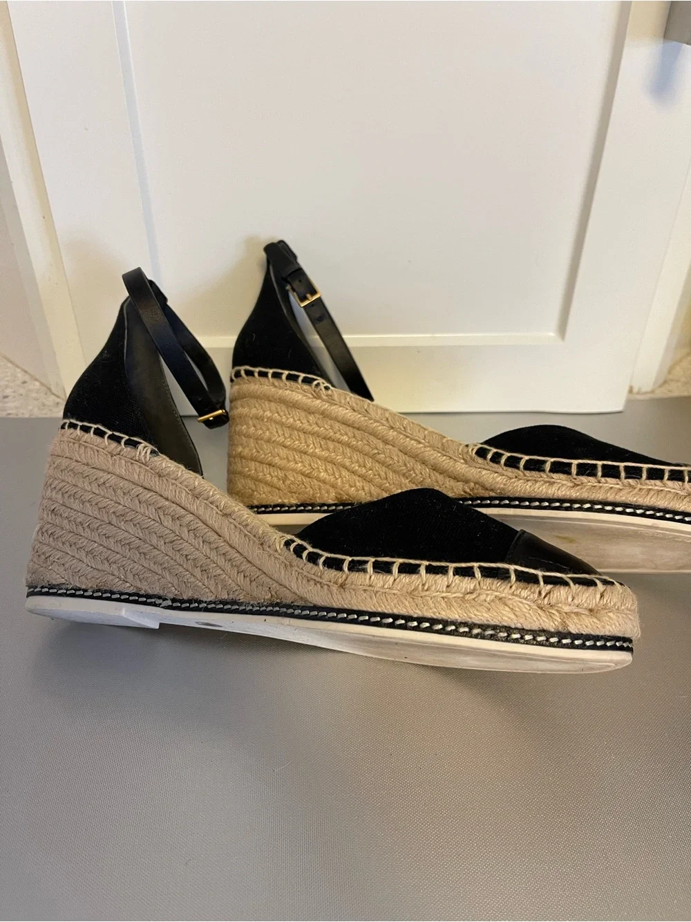 Tory Burch Black Espadrille Wedge Nappa Sandals w/ Ankle Strap Color Block Sz 11